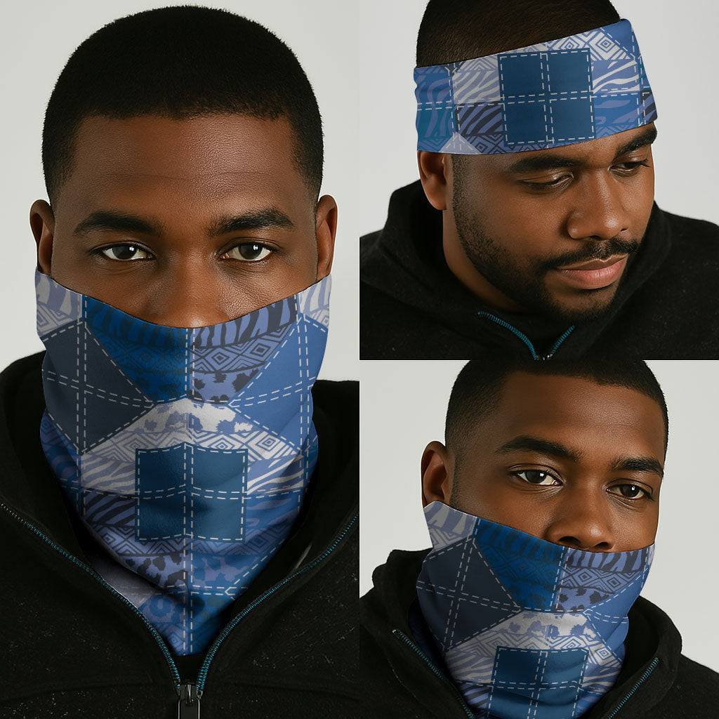 African American Quilt Inspired Neck Gaiter Wild Animal Skin African Blue Tribal Elements