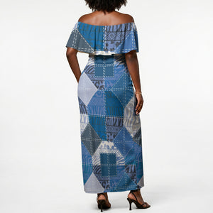 African American Quilt Inspired Off Shoulder Maxi Dress Wild Animal Skin African Blue Tribal Elements