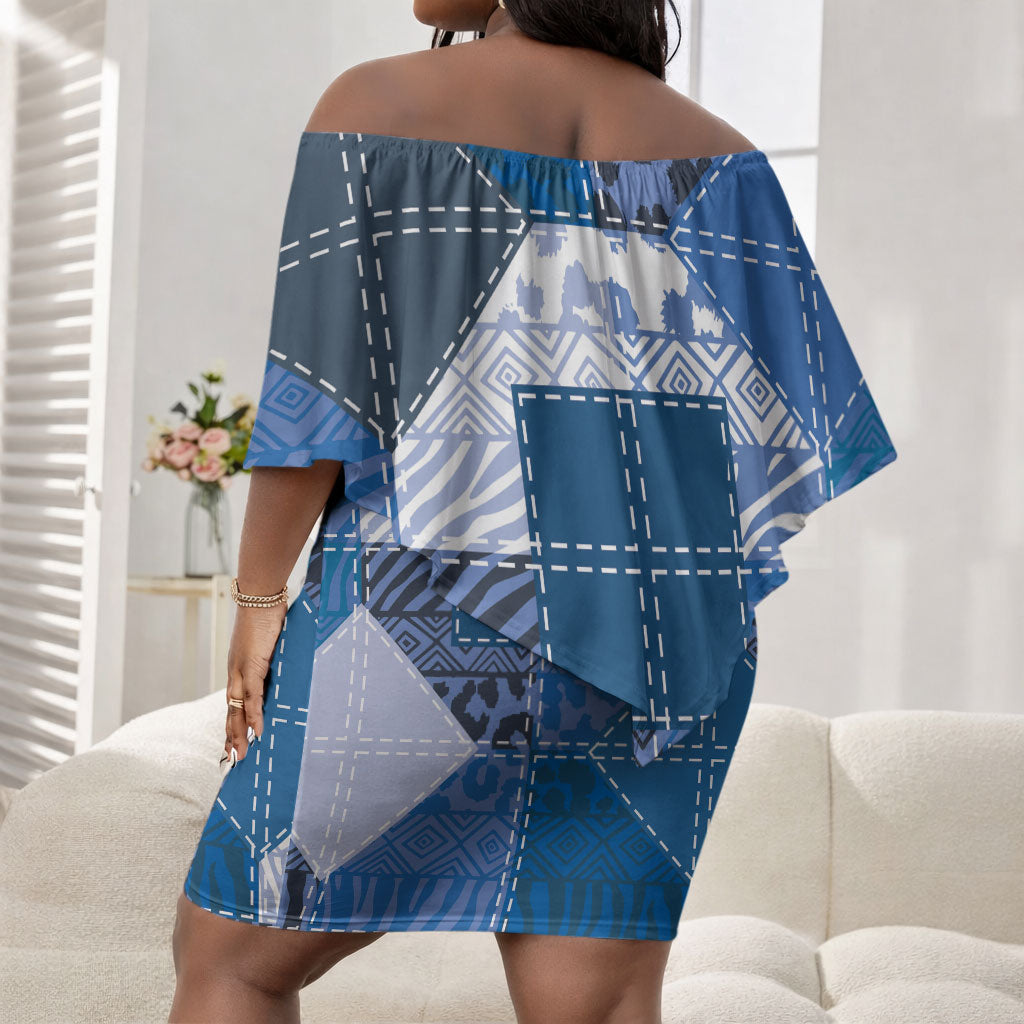 African American Quilt Inspired Off Shoulder Short Dress Wild Animal Skin African Blue Tribal Elements