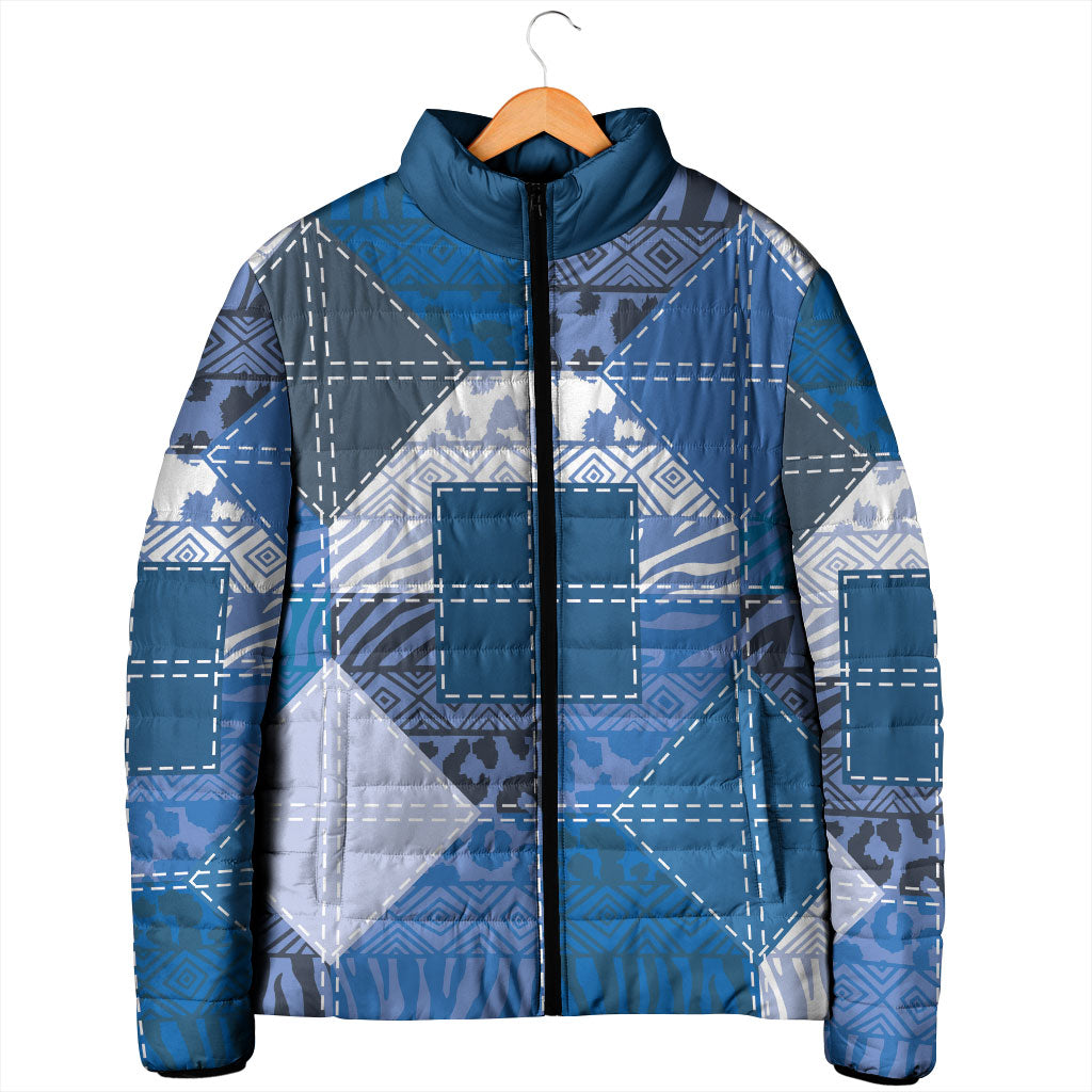 African American Quilt Inspired Padded Jacket Wild Animal Skin African Blue Tribal Elements