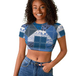 African American Quilt Inspired Raglan Cropped T shirt Wild Animal Skin African Blue Tribal Elements