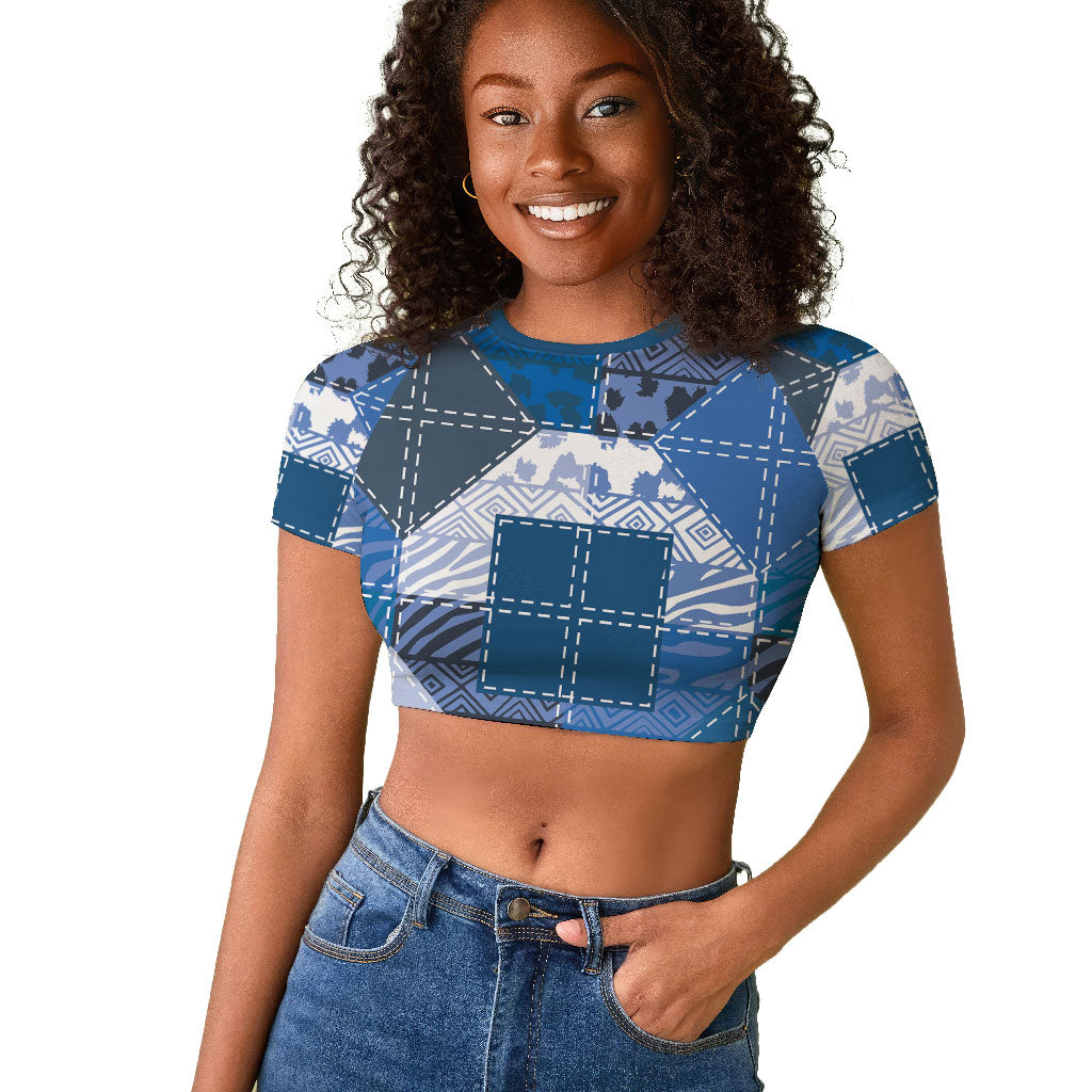 African American Quilt Inspired Raglan Cropped T shirt Wild Animal Skin African Blue Tribal Elements