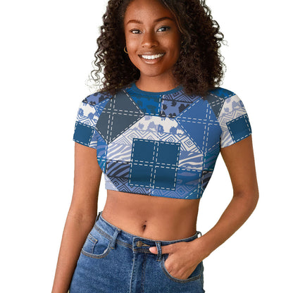 African American Quilt Inspired Raglan Cropped T shirt Wild Animal Skin African Blue Tribal Elements
