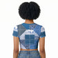 African American Quilt Inspired Raglan Cropped T shirt Wild Animal Skin African Blue Tribal Elements