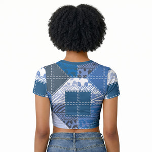 African American Quilt Inspired Raglan Cropped T shirt Wild Animal Skin African Blue Tribal Elements