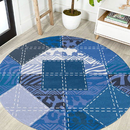 African American Quilt Inspired Round Carpet Wild Animal Skin African Blue Tribal Elements