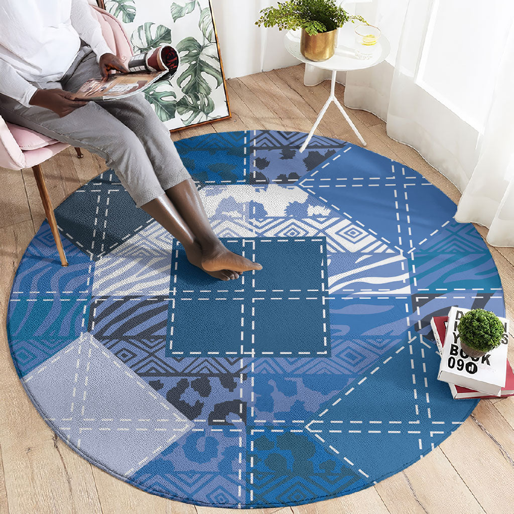 African American Quilt Inspired Round Carpet Wild Animal Skin African Blue Tribal Elements