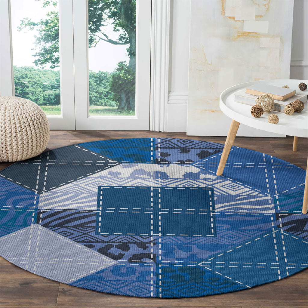 African American Quilt Inspired Round Carpet Wild Animal Skin African Blue Tribal Elements