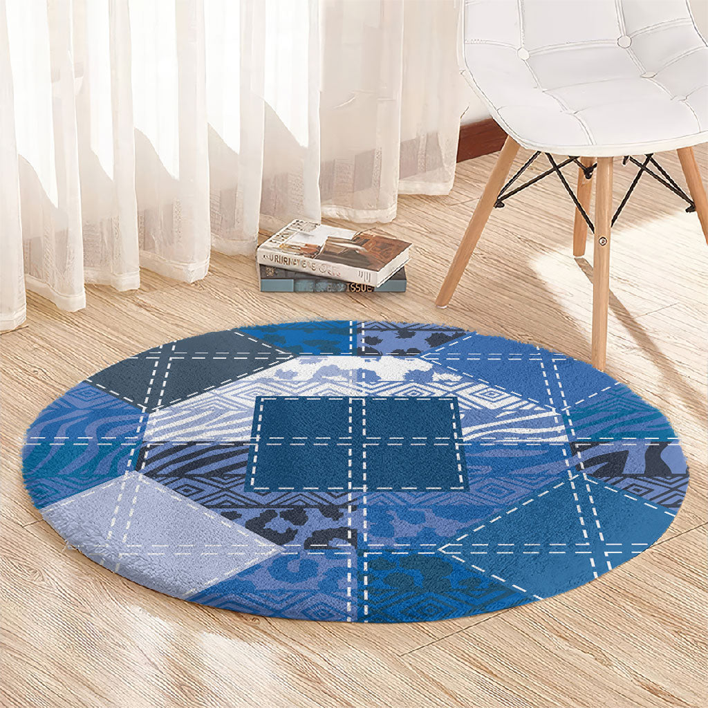 African American Quilt Inspired Round Carpet Wild Animal Skin African Blue Tribal Elements
