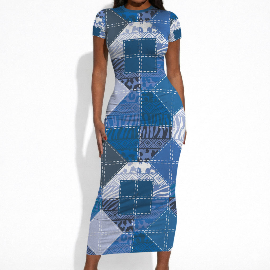 African American Quilt Inspired Short Sleeve Bodycon Dress Wild Animal Skin African Blue Tribal Elements