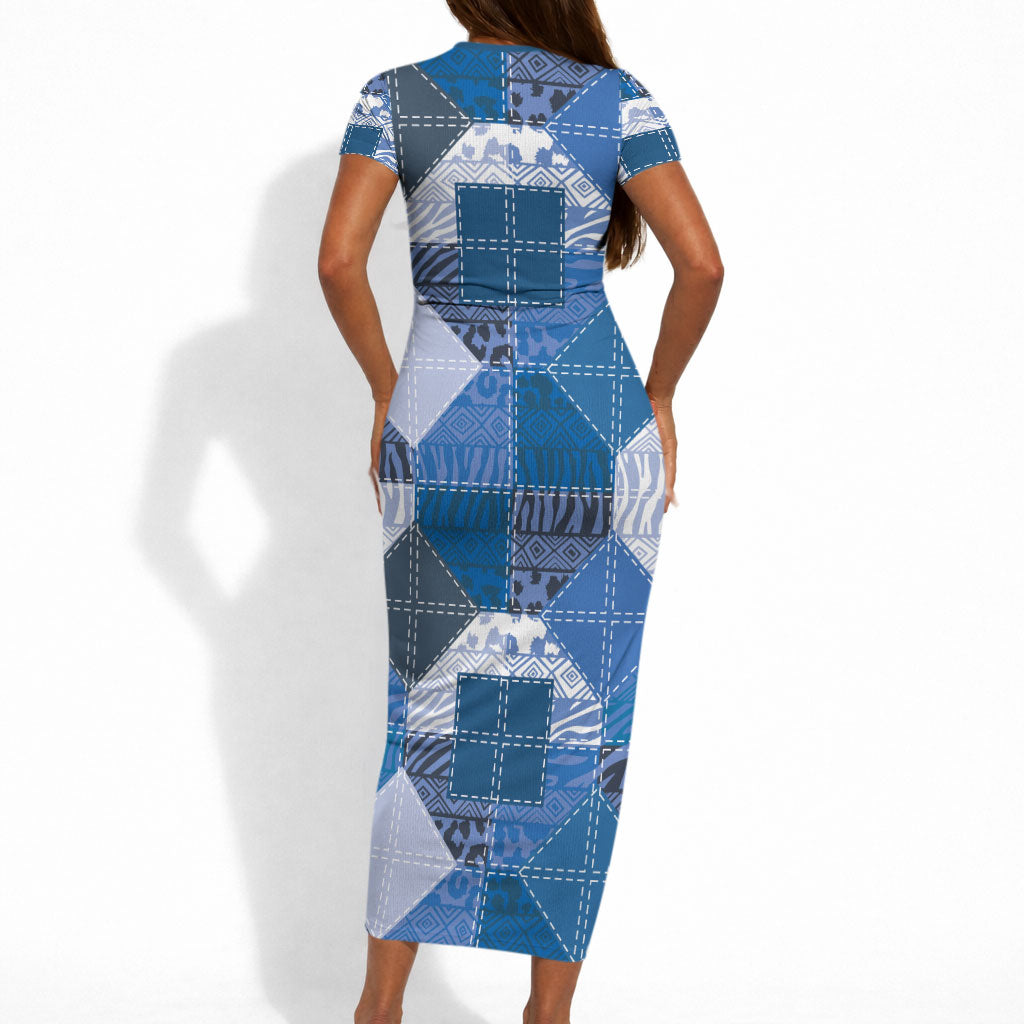 African American Quilt Inspired Short Sleeve Bodycon Dress Wild Animal Skin African Blue Tribal Elements