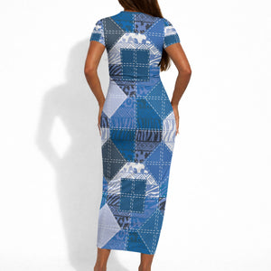 African American Quilt Inspired Short Sleeve Bodycon Dress Wild Animal Skin African Blue Tribal Elements