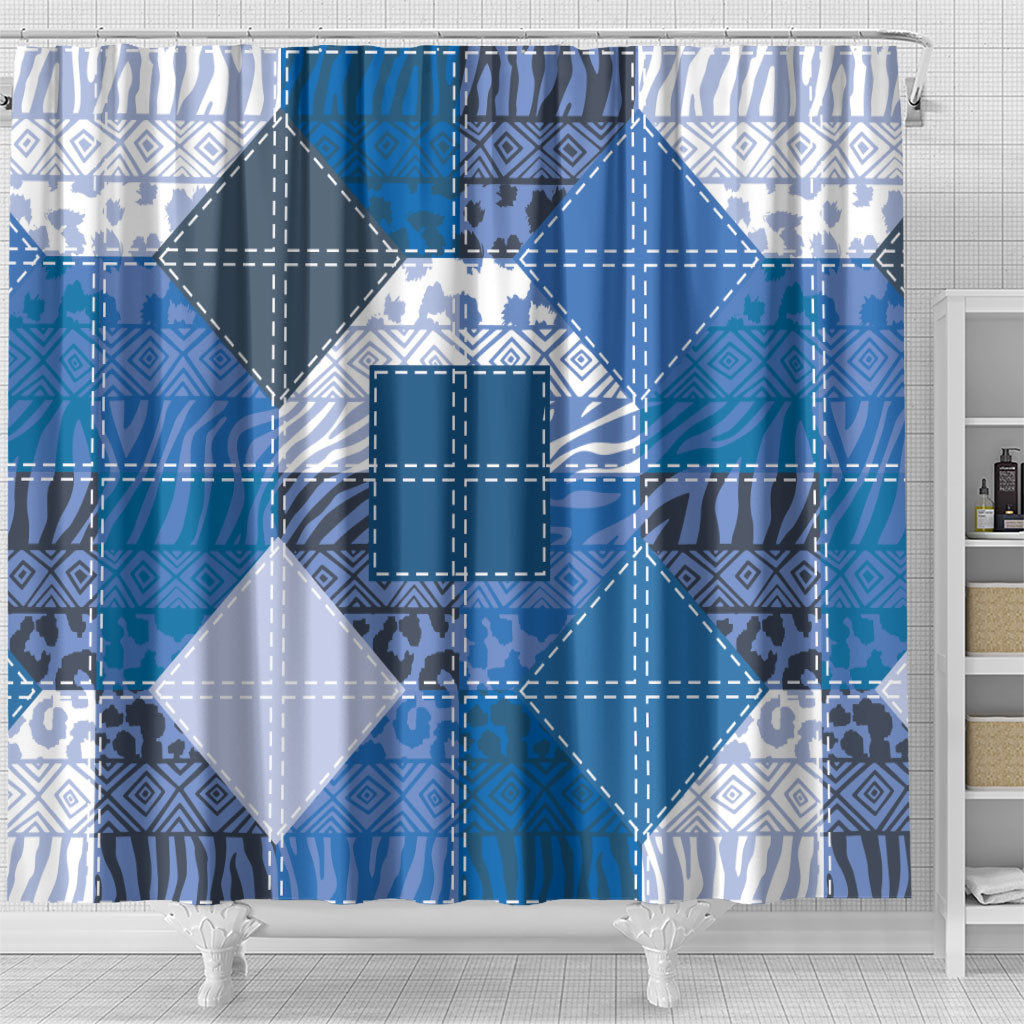 African American Quilt Inspired Shower Curtain Wild Animal Skin African Blue Tribal Elements