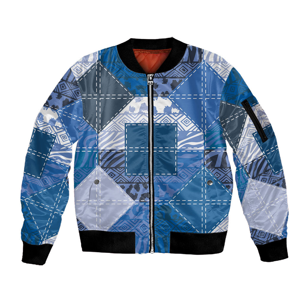 African American Quilt Inspired Sleeve Zip Bomber Jacket Wild Animal Skin African Blue Tribal Elements