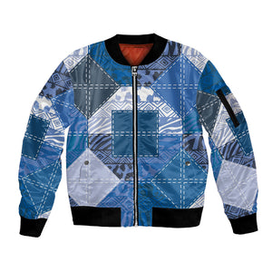 African American Quilt Inspired Sleeve Zip Bomber Jacket Wild Animal Skin African Blue Tribal Elements