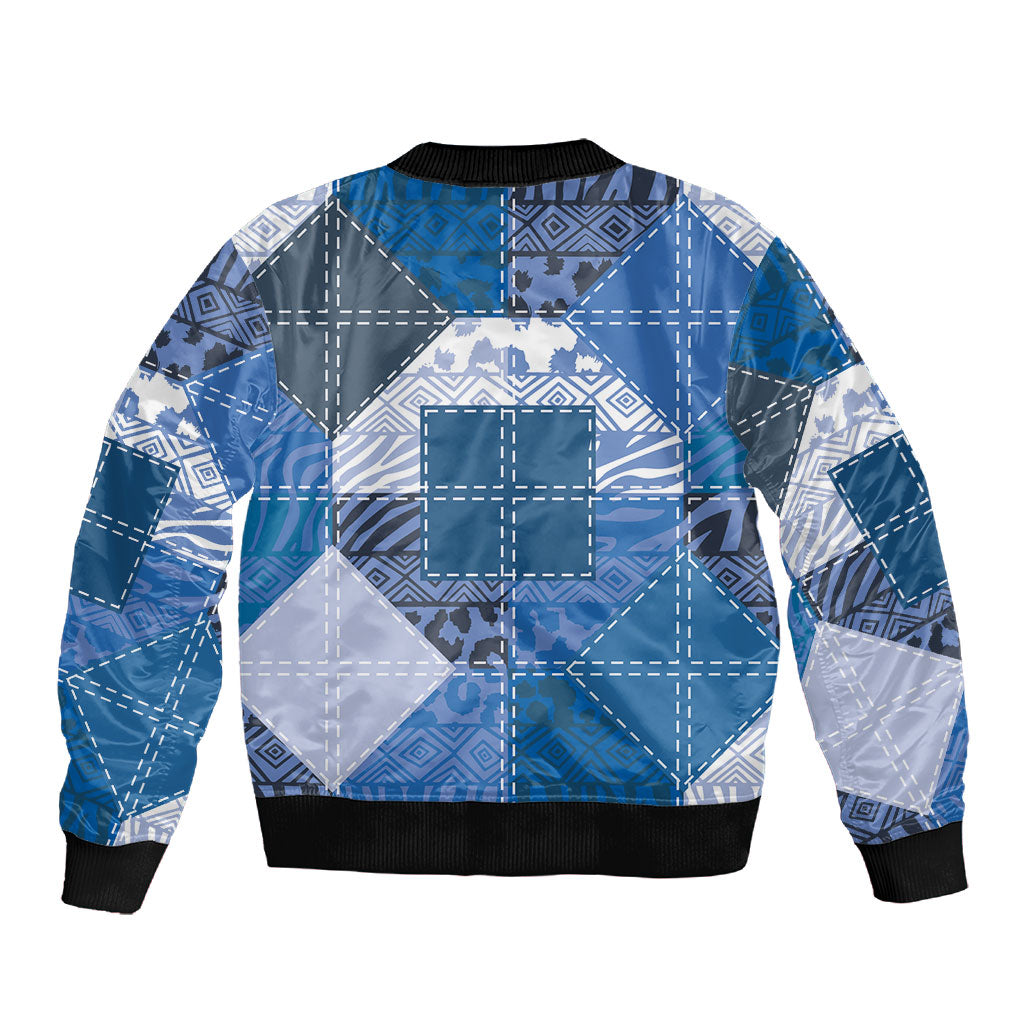 African American Quilt Inspired Sleeve Zip Bomber Jacket Wild Animal Skin African Blue Tribal Elements