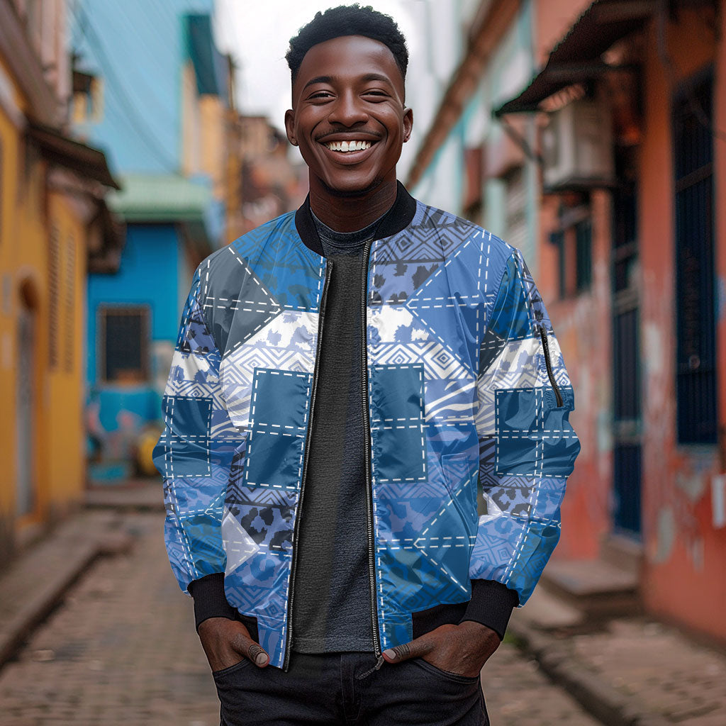 African American Quilt Inspired Sleeve Zip Bomber Jacket Wild Animal Skin African Blue Tribal Elements