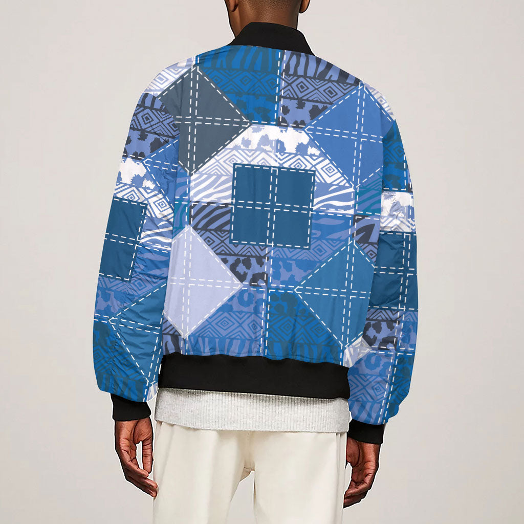 African American Quilt Inspired Sleeve Zip Bomber Jacket Wild Animal Skin African Blue Tribal Elements