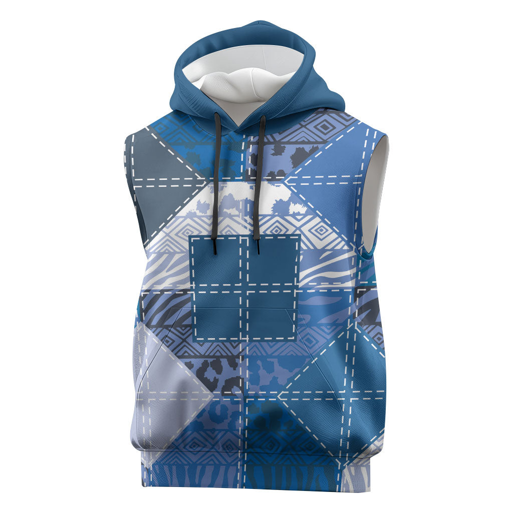 African American Quilt Inspired Sleeveless Hoodie Wild Animal Skin African Blue Tribal Elements