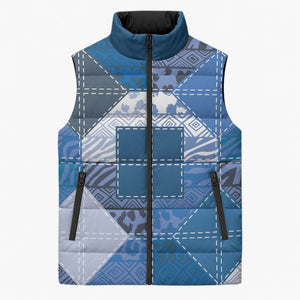 African American Quilt Inspired Sleeveless Puffer Jacket Wild Animal Skin African Blue Tribal Elements