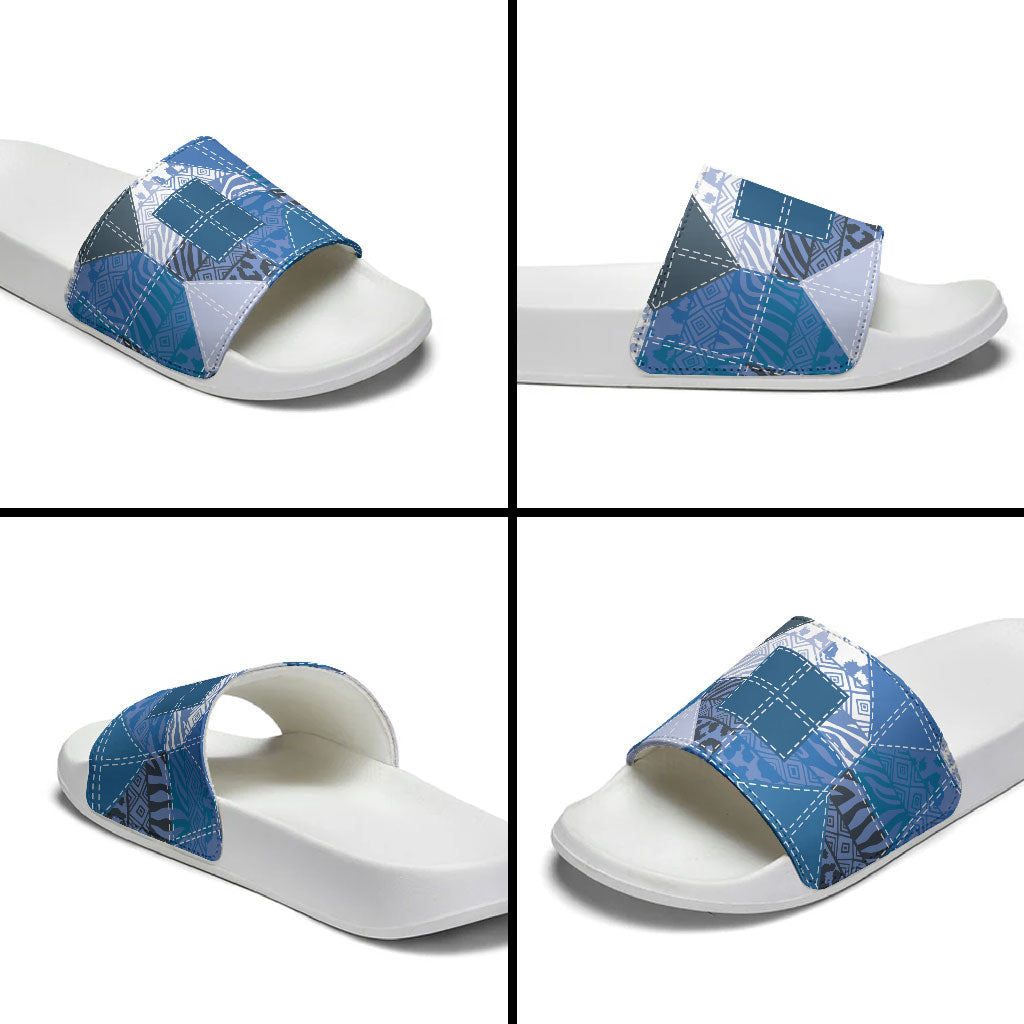 African American Quilt Inspired Slide Sandals Wild Animal Skin African Blue Tribal Elements