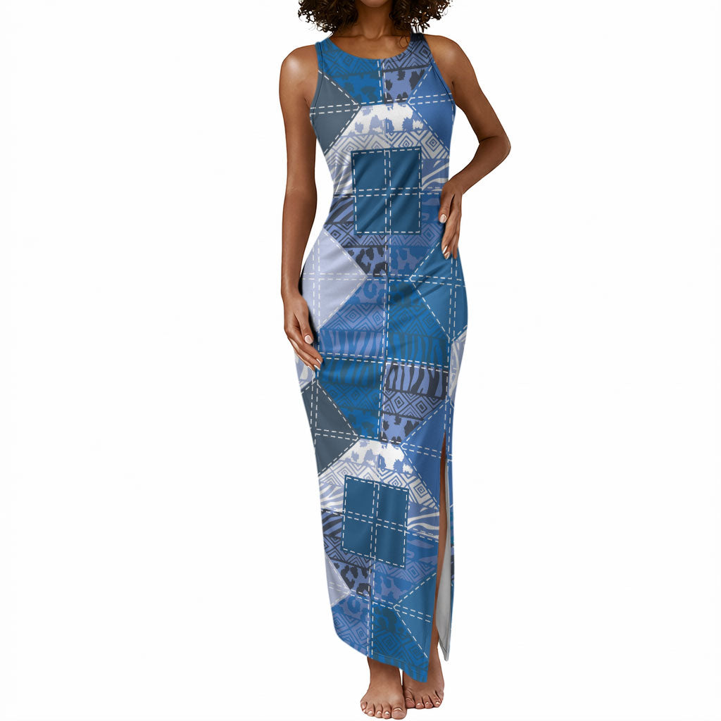 African American Quilt Inspired Tank Maxi Dress Wild Animal Skin African Blue Tribal Elements