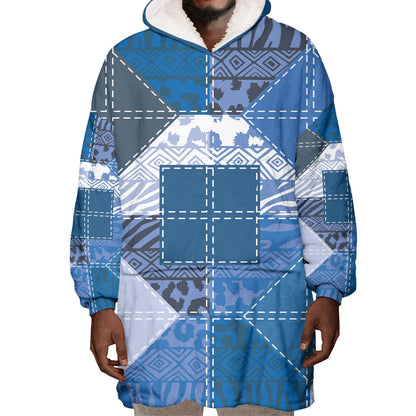 African American Quilt Inspired Wearable Blanket Hoodie Wild Animal Skin African Blue Tribal Elements