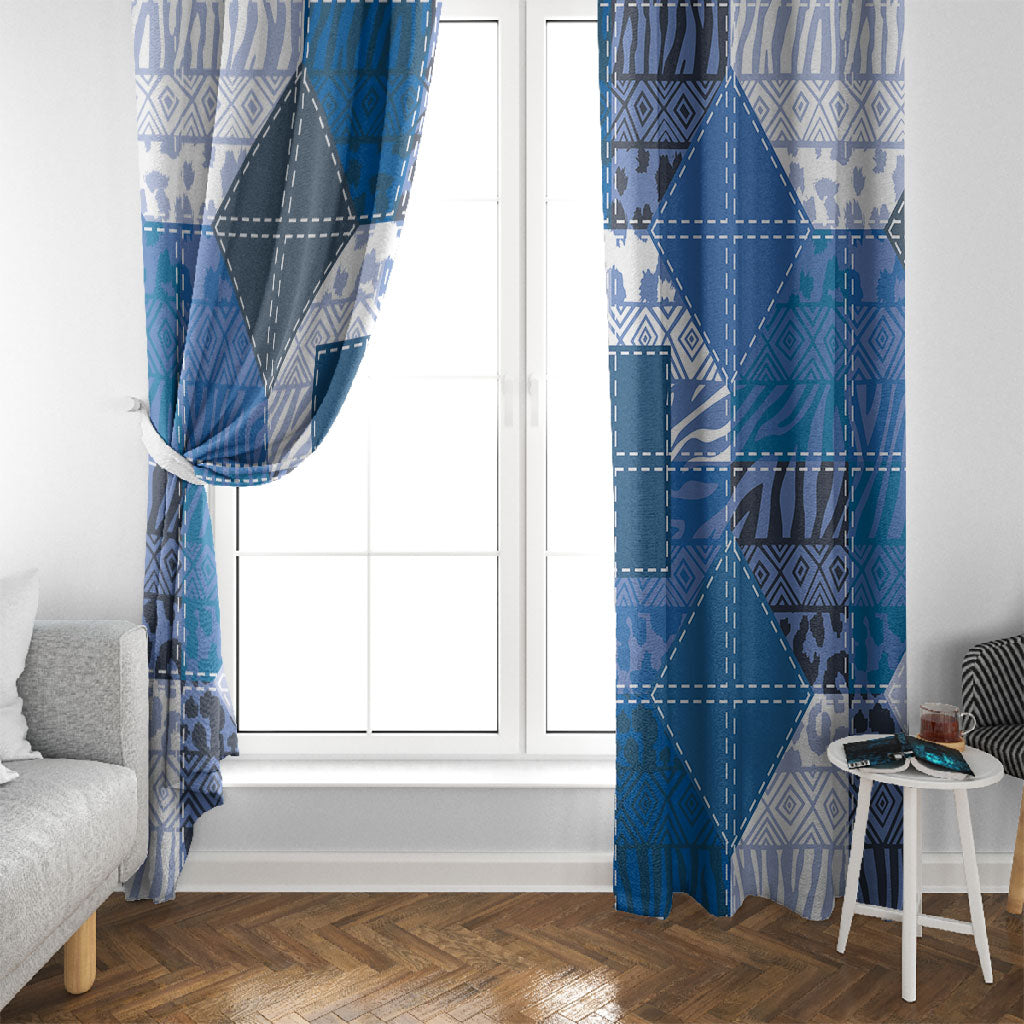African American Quilt Inspired Window Curtain Wild Animal Skin African Blue Tribal Elements
