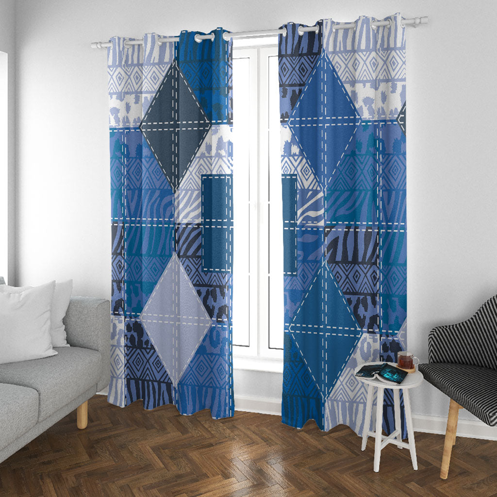 African American Quilt Inspired Window Curtain Wild Animal Skin African Blue Tribal Elements