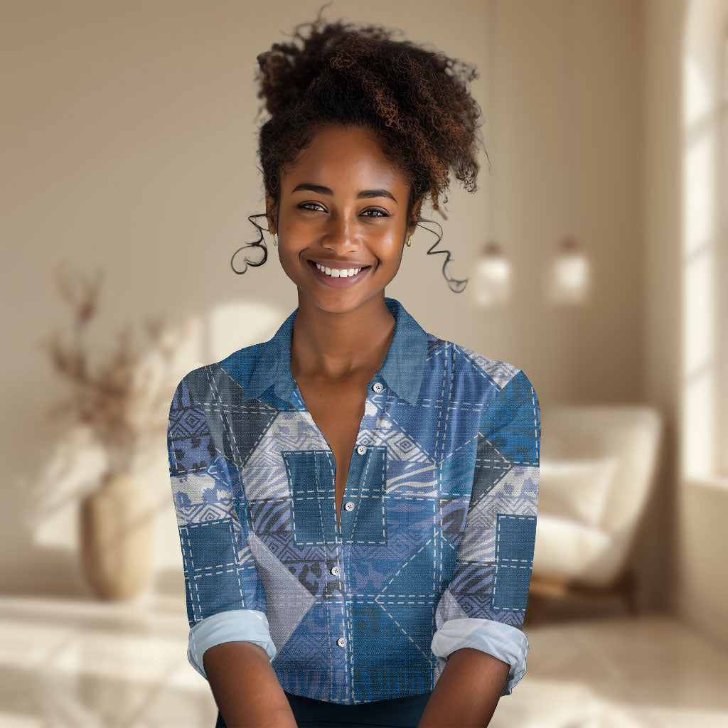 African American Quilt Inspired Women Casual Shirt Wild Animal Skin African Blue Tribal Elements