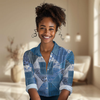 African American Quilt Inspired Women Casual Shirt Wild Animal Skin African Blue Tribal Elements