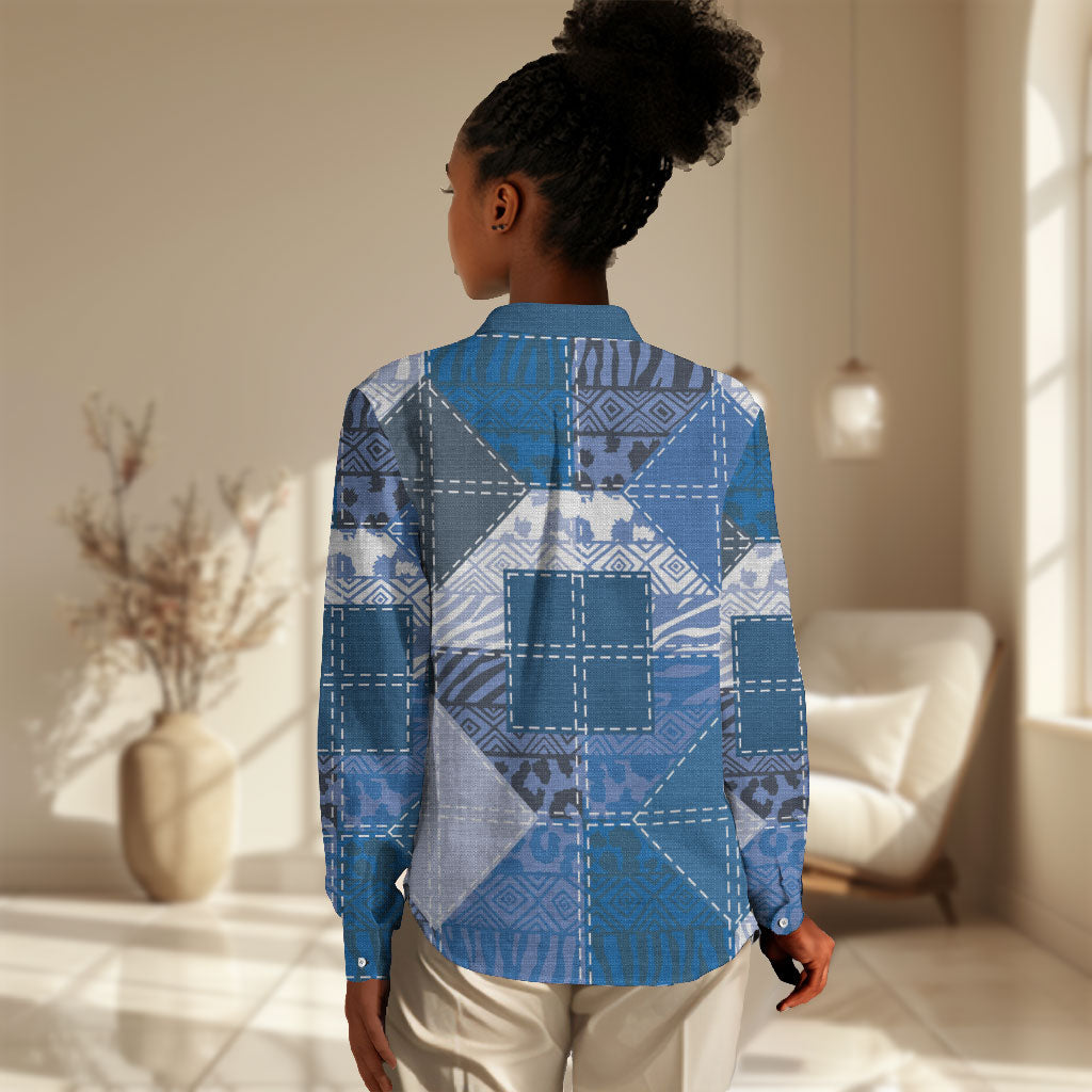 African American Quilt Inspired Women Casual Shirt Wild Animal Skin African Blue Tribal Elements