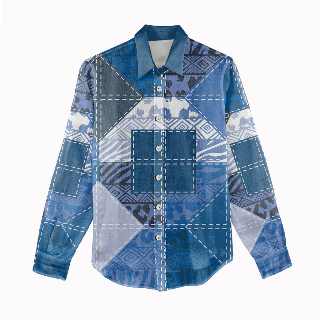 African American Quilt Inspired Women Casual Shirt Wild Animal Skin African Blue Tribal Elements