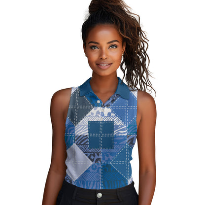 African American Quilt Inspired Women Sleeveless Polo Shirt Wild Animal Skin African Blue Tribal Elements