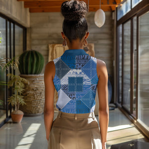 African American Quilt Inspired Women Sleeveless Polo Shirt Wild Animal Skin African Blue Tribal Elements