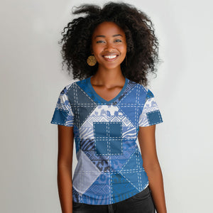 African American Quilt Inspired Women V-Neck T-Shirt Wild Animal Skin African Blue Tribal Elements