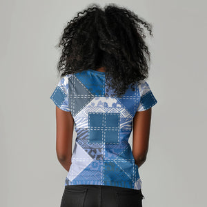 African American Quilt Inspired Women V-Neck T-Shirt Wild Animal Skin African Blue Tribal Elements