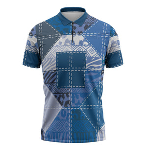 African American Quilt Inspired Zipper Polo Shirt Wild Animal Skin African Blue Tribal Elements