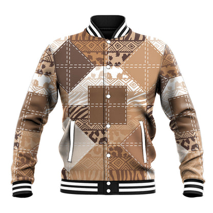 African American Quilt Inspired Baseball Jacket Wild Animal Skin African Beige Tribal Elements
