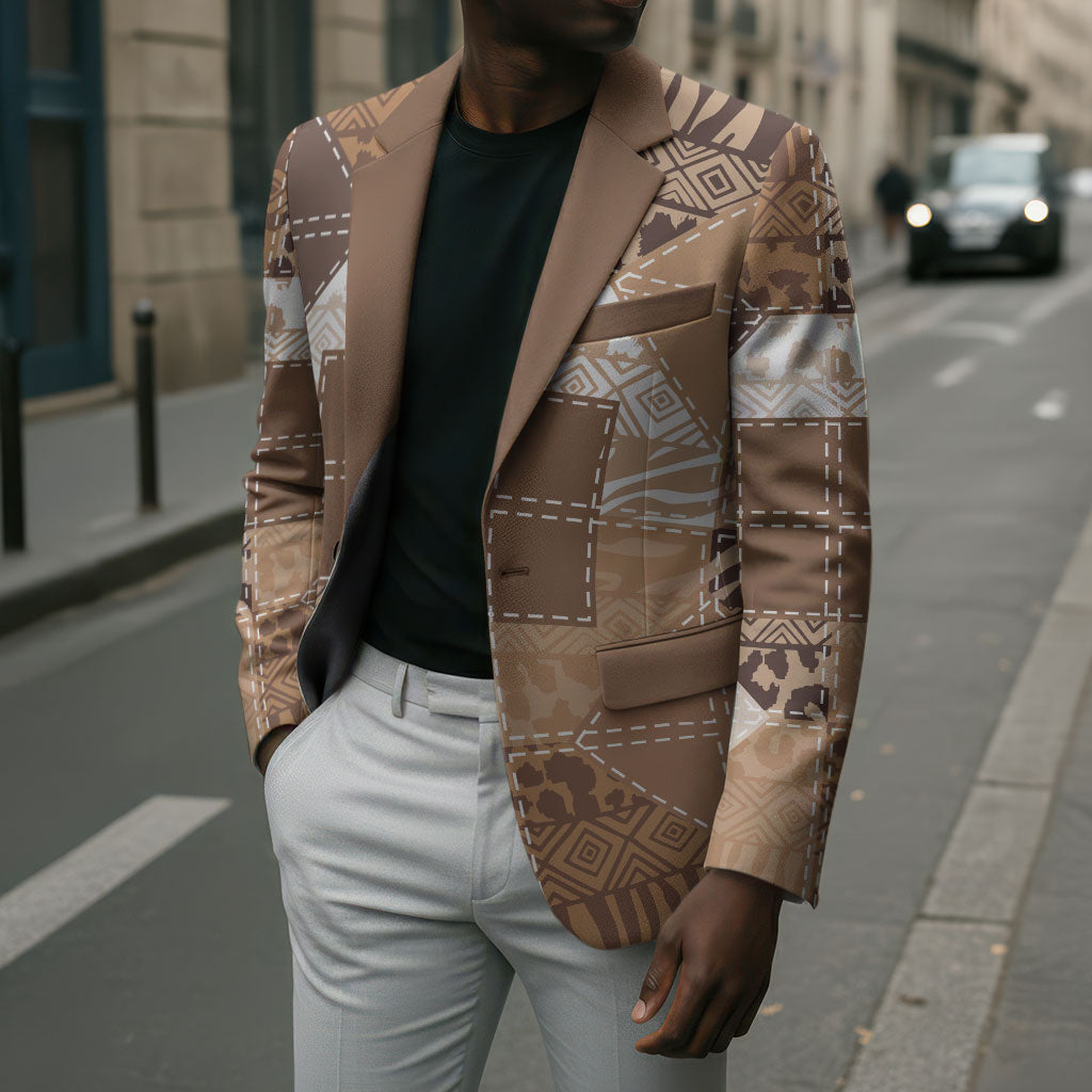 African American Quilt Inspired Blazer Wild Animal Skin African Beige Tribal Elements