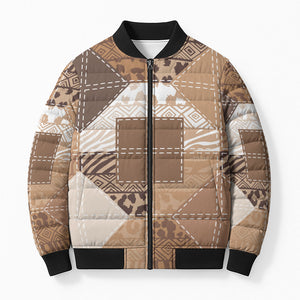 African American Quilt Inspired Bomber Puffer Jacket Wild Animal Skin African Beige Tribal Elements