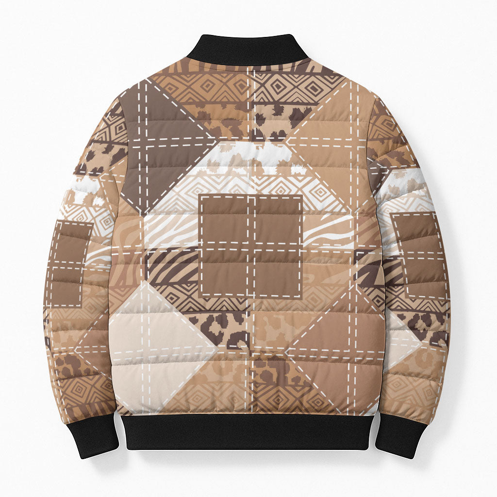 African American Quilt Inspired Bomber Puffer Jacket Wild Animal Skin African Beige Tribal Elements