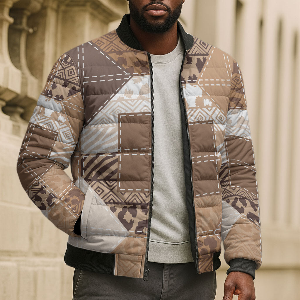 African American Quilt Inspired Bomber Puffer Jacket Wild Animal Skin African Beige Tribal Elements