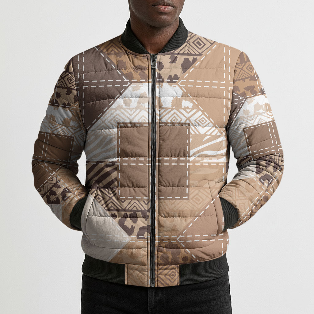 African American Quilt Inspired Bomber Puffer Jacket Wild Animal Skin African Beige Tribal Elements