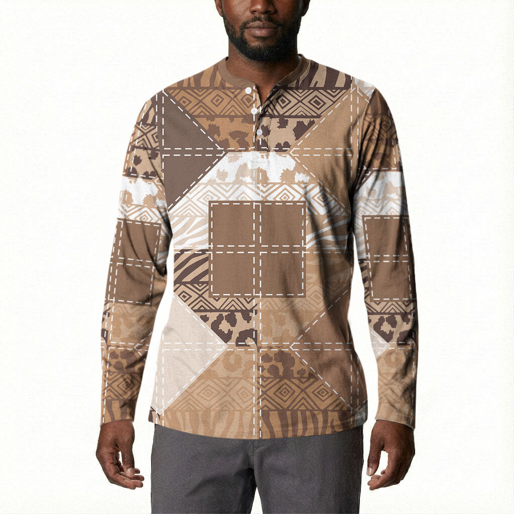 African American Quilt Inspired Button Sweatshirt Wild Animal Skin African Beige Tribal Elements