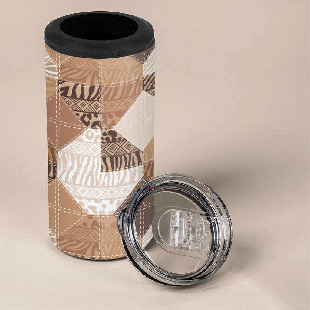 African American Quilt Inspired 4 in 1 Can Cooler Tumbler Wild Animal Skin African Beige Tribal Elements