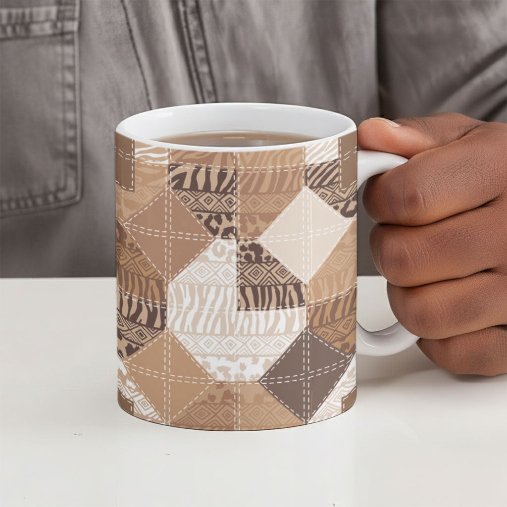 African American Quilt Inspired Ceramic Mug Wild Animal Skin African Beige Tribal Elements