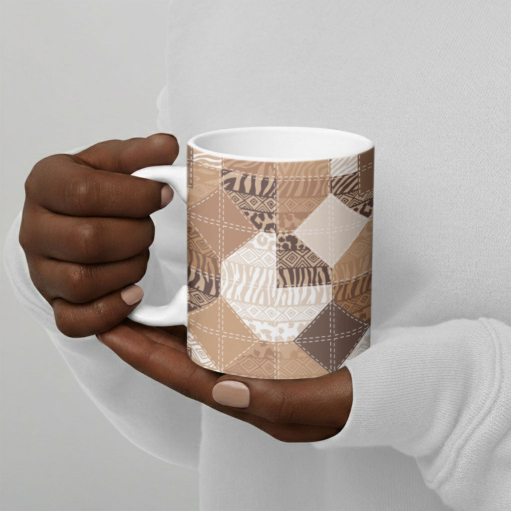 African American Quilt Inspired Ceramic Mug Wild Animal Skin African Beige Tribal Elements