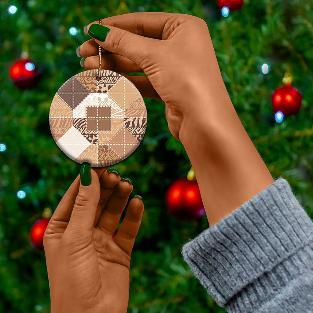 African American Quilt Inspired Ceramic Ornament Wild Animal Skin African Beige Tribal Elements