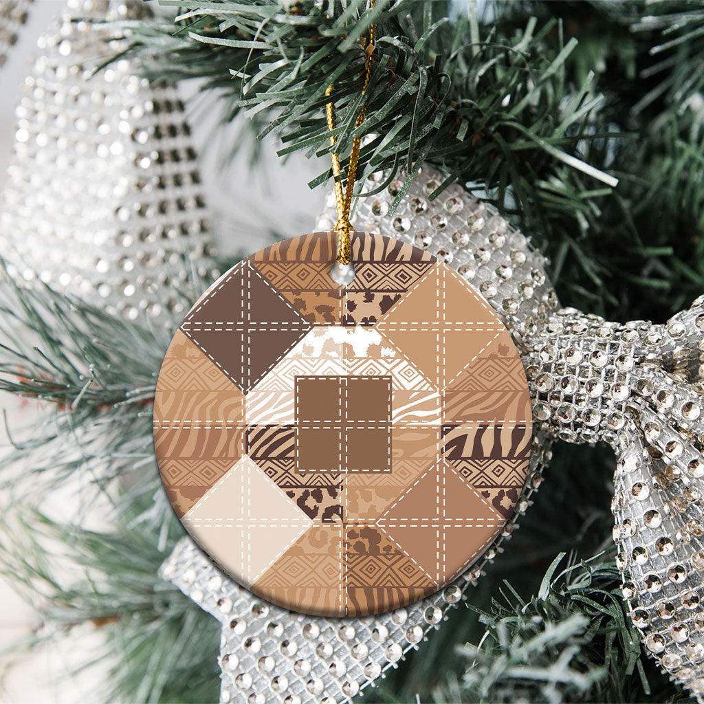 African American Quilt Inspired Ceramic Ornament Wild Animal Skin African Beige Tribal Elements
